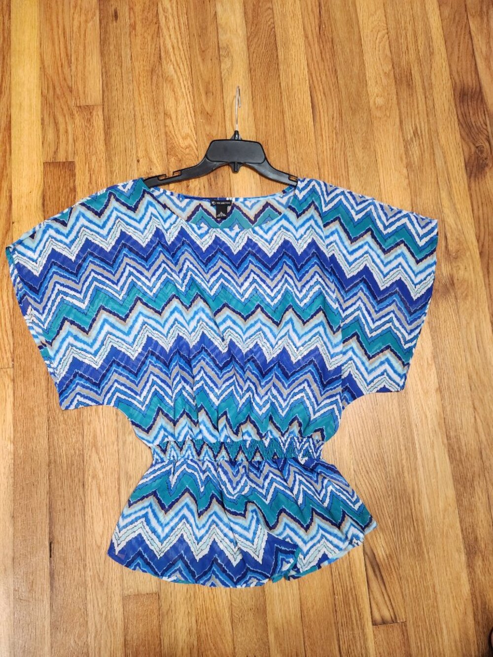 New Directions Studio Blue Teal Chevron Smocked Blouse - Size Large